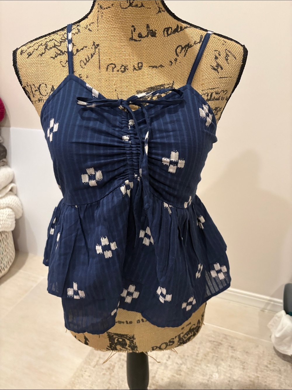 Mango Navy Blue Printed Spaghetti-Strap Peplum Camisole